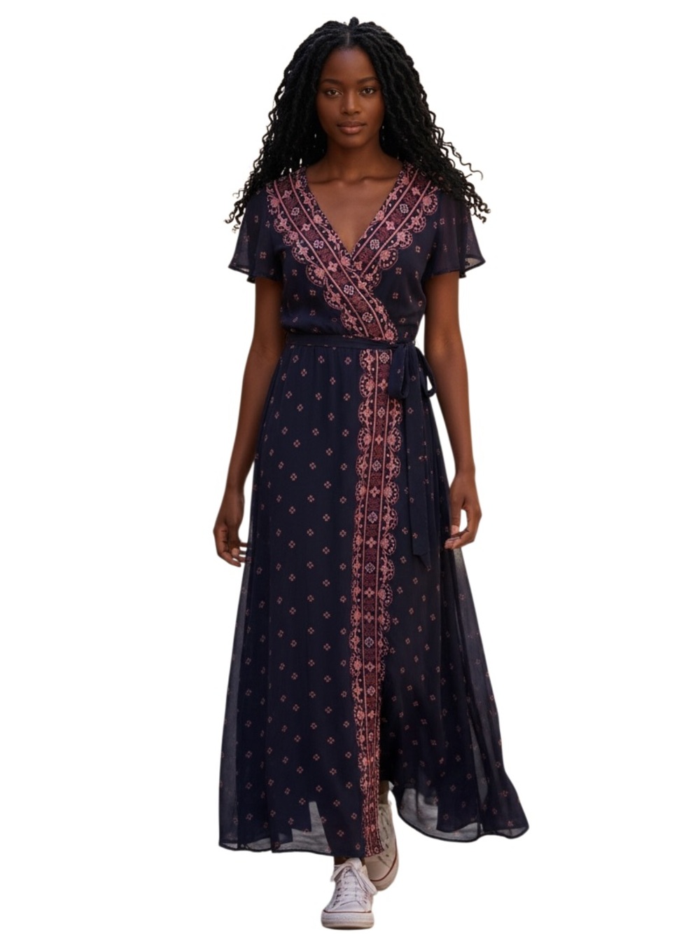 Xhilaration Navy Maxi Wrap Dress with Pink Border Print